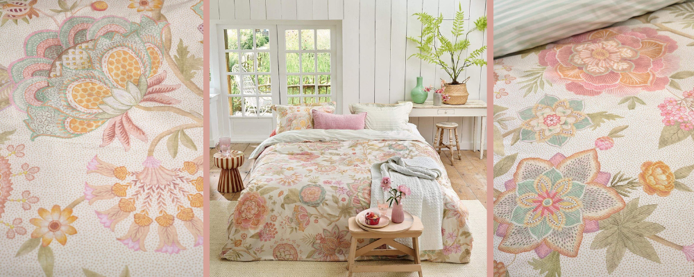 Barevné perkálové povlečení Pip Studio v designu Bombay Bold Off White v interiéru světlé ložnice Pipa Atelier